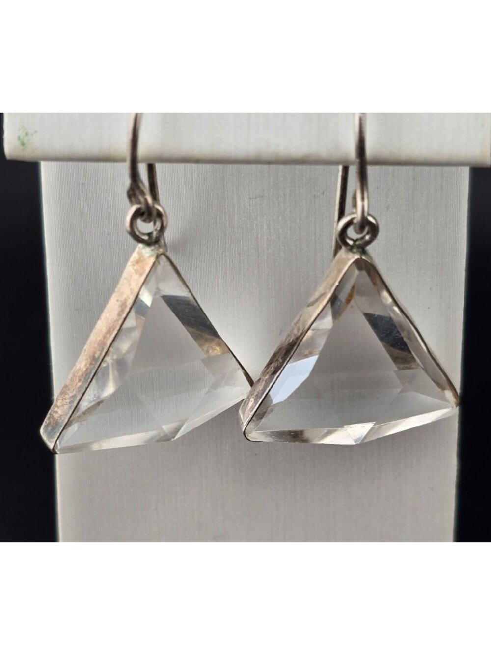 Vintage Triangle Crystal Drop Earrings 925 Sterling Silver 1.25"